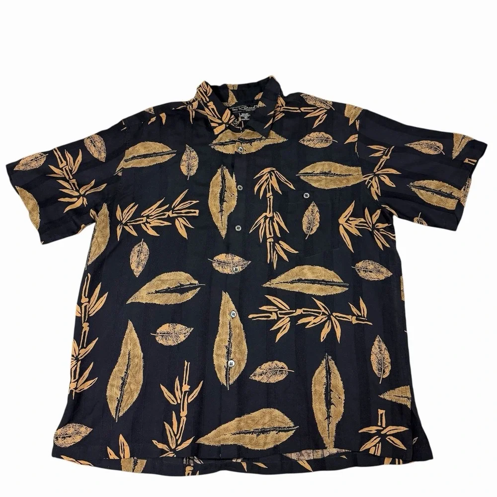 Tori Richard Silk‎ Hawaiian Shirt Black Tan Leaf Print Camp Collar XL Men
